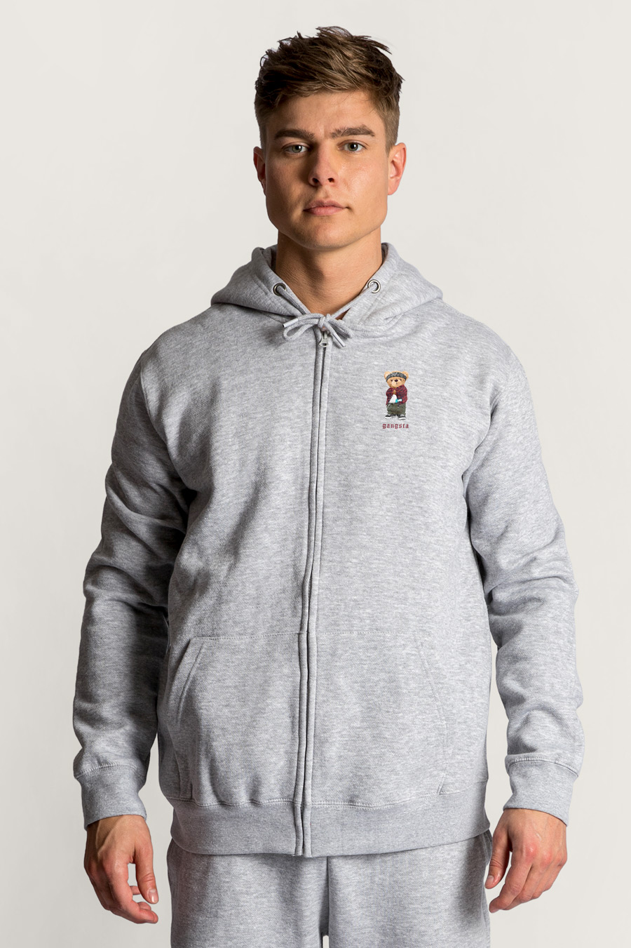 Levně Mikina s Kapucí na Zip, Barva Šedá, s Potiskem Gangsta Teddy