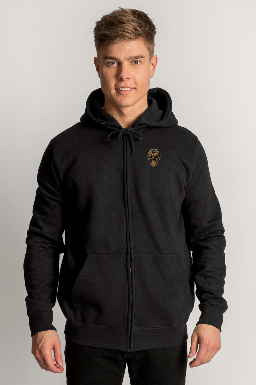 Levně Mikina s Kapucí na Zip, Barva Černá, s Potiskem Mexican Skull