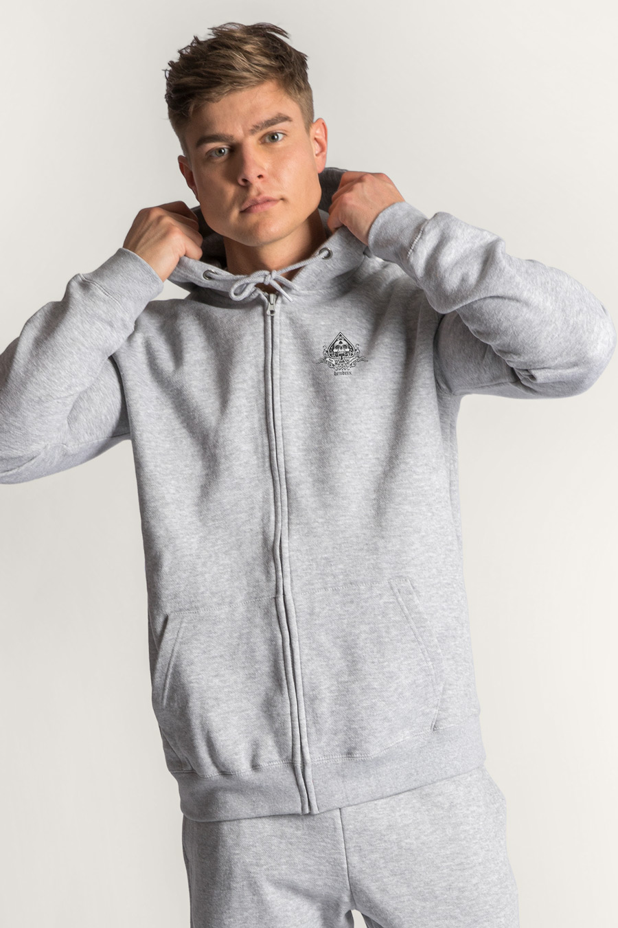 Levně Mikina s Kapucí na Zip, Barva Šedá, s Potiskem Hardcore Ace