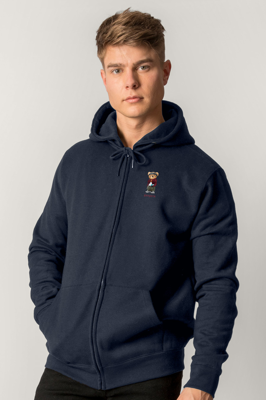 Levně Mikina s Kapucí na Zip, Barva Modrá, s Potiskem Gangsta Teddy