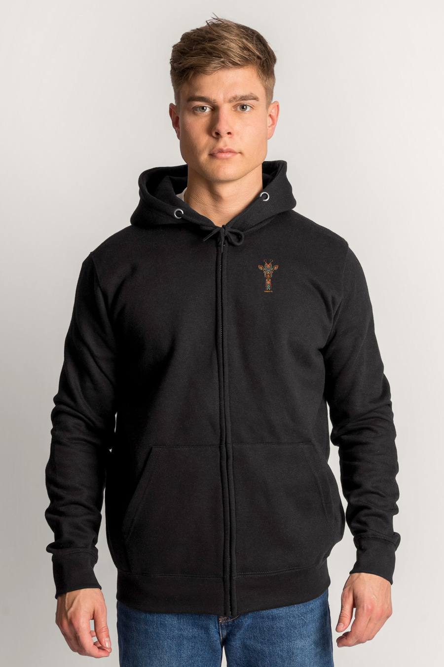 Levně Mikina s Kapucí na Zip, Barva Černá, s Potiskem Tribal Giraffe