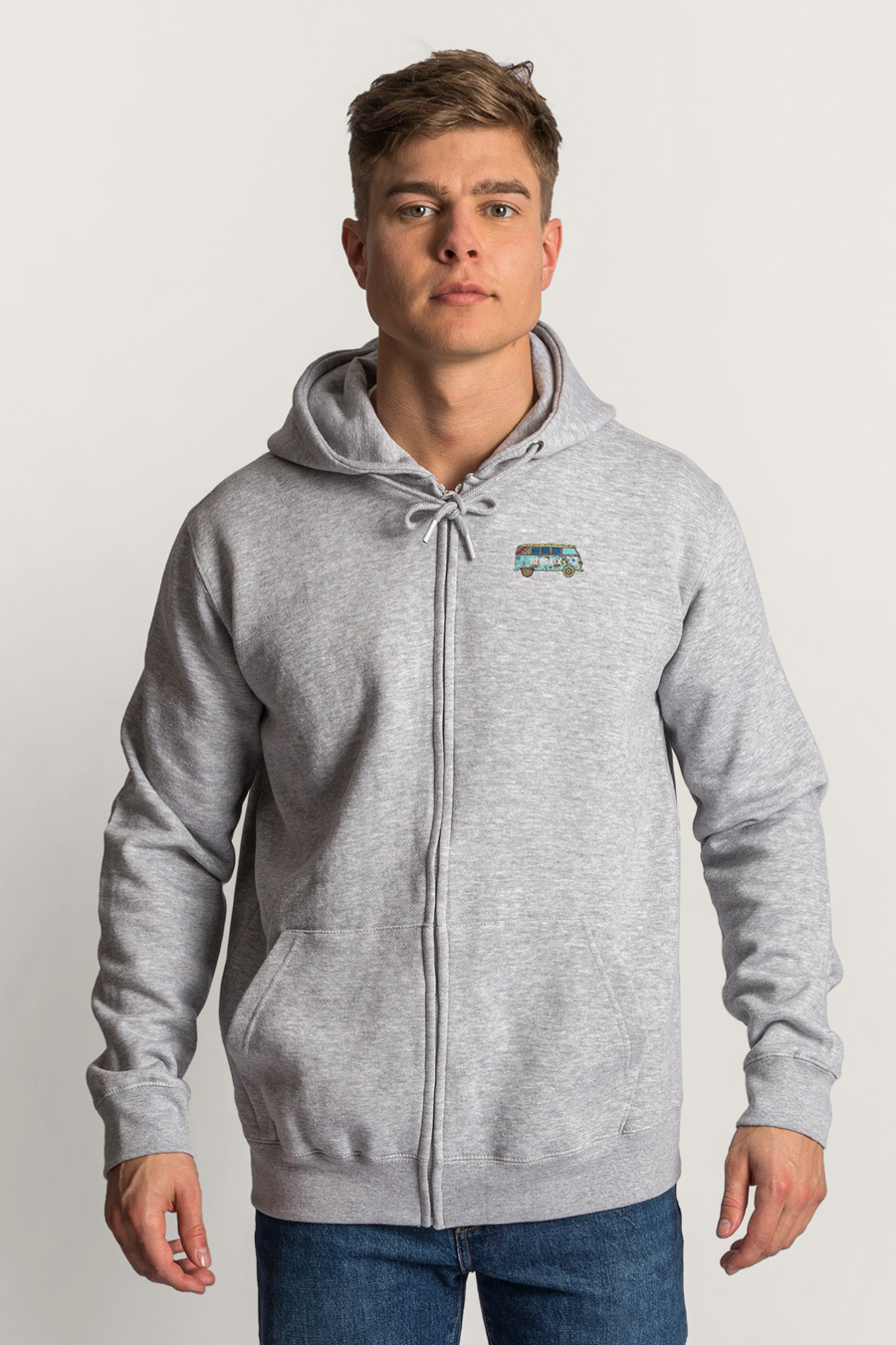 Levně Mikina s Kapucí na Zip, Barva Šedá, s Potiskem Hippie Van