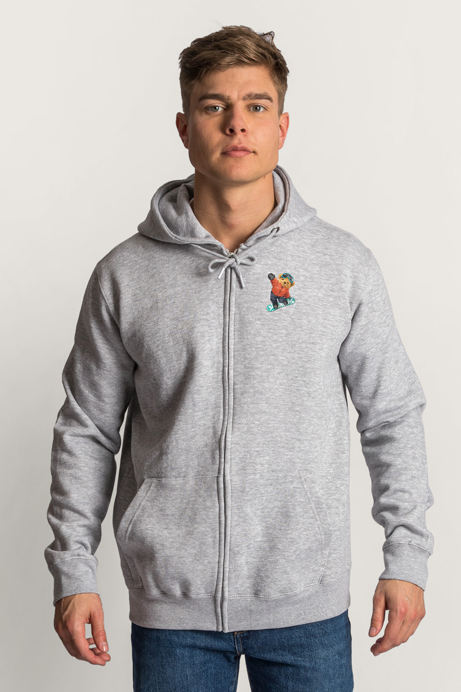 Levně Mikina s Kapucí na Zip, Barva Šedá, s Potiskem Snow Ride Teddy