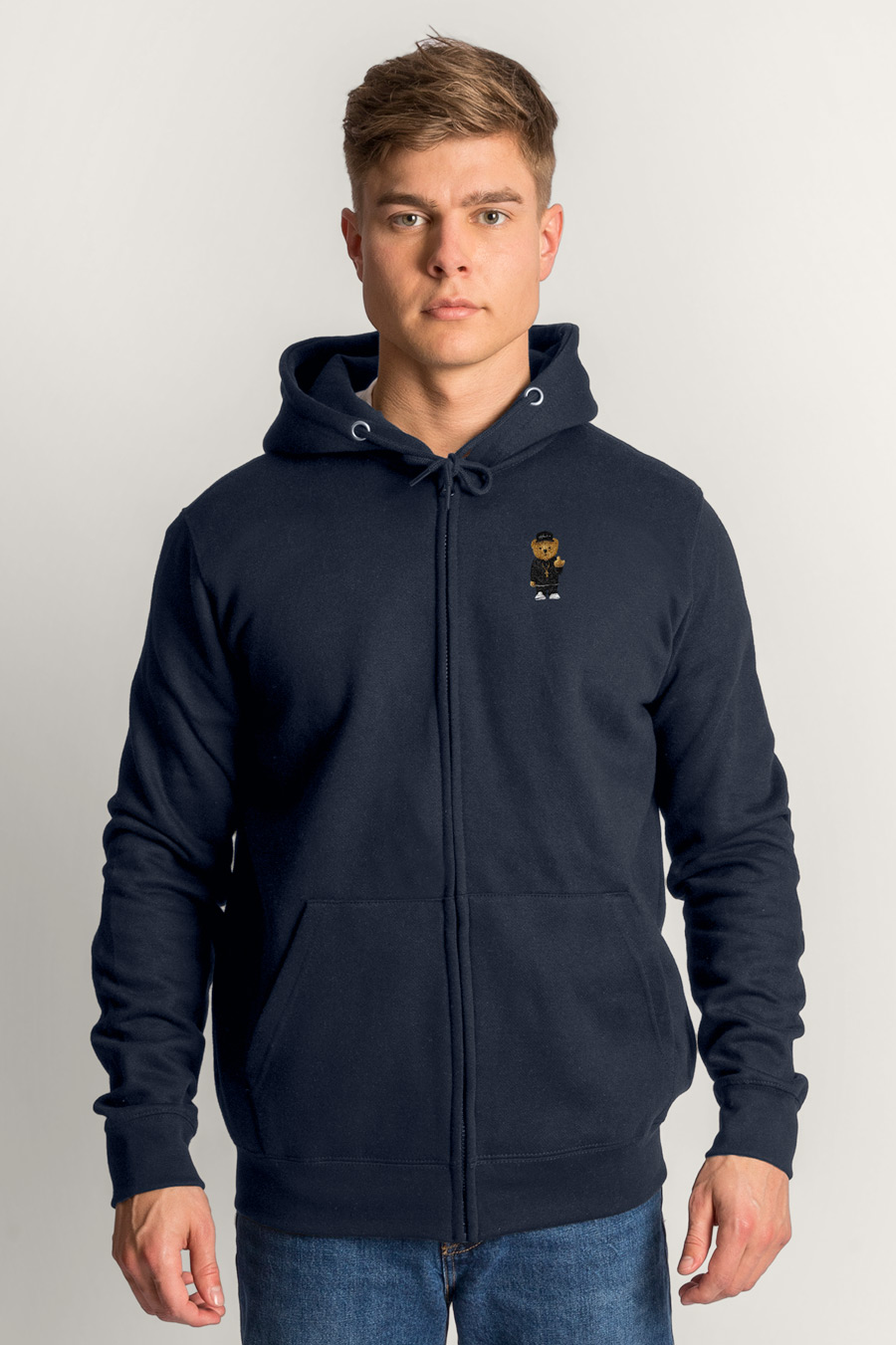 Levně Mikina s Kapucí na Zip, Barva Modrá, s Potiskem Compton Teddy