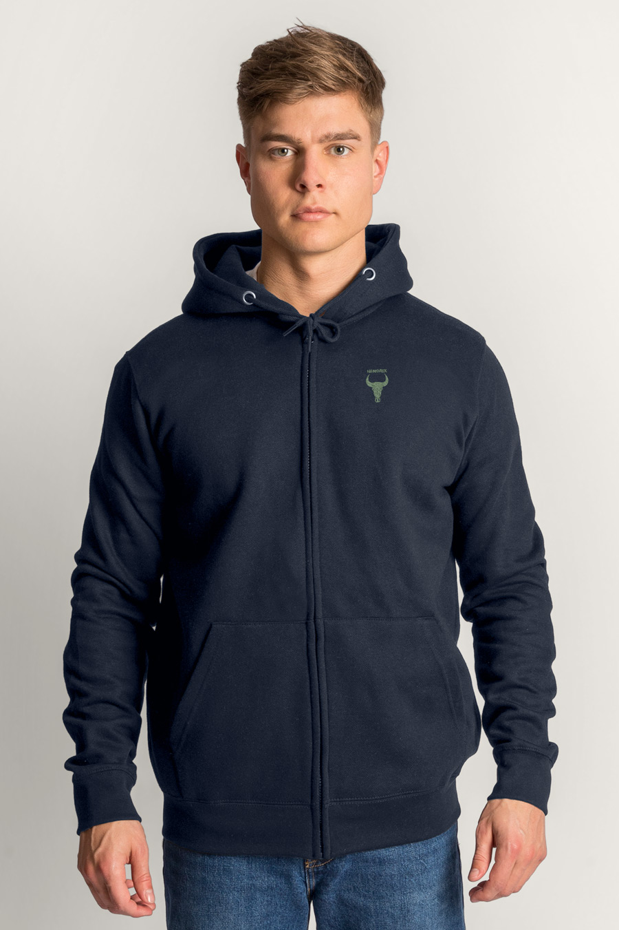 Levně Mikina s Kapucí na Zip, Barva Modrá, s Potiskem Hendrix Olive Green Bull