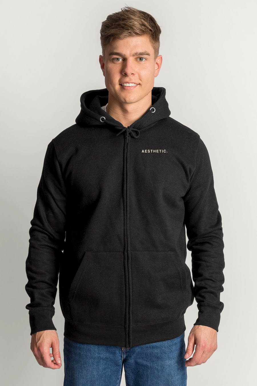 Levně Mikina s Kapucí na Zip, Barva Černá, s Potiskem Minimal Aesthetic