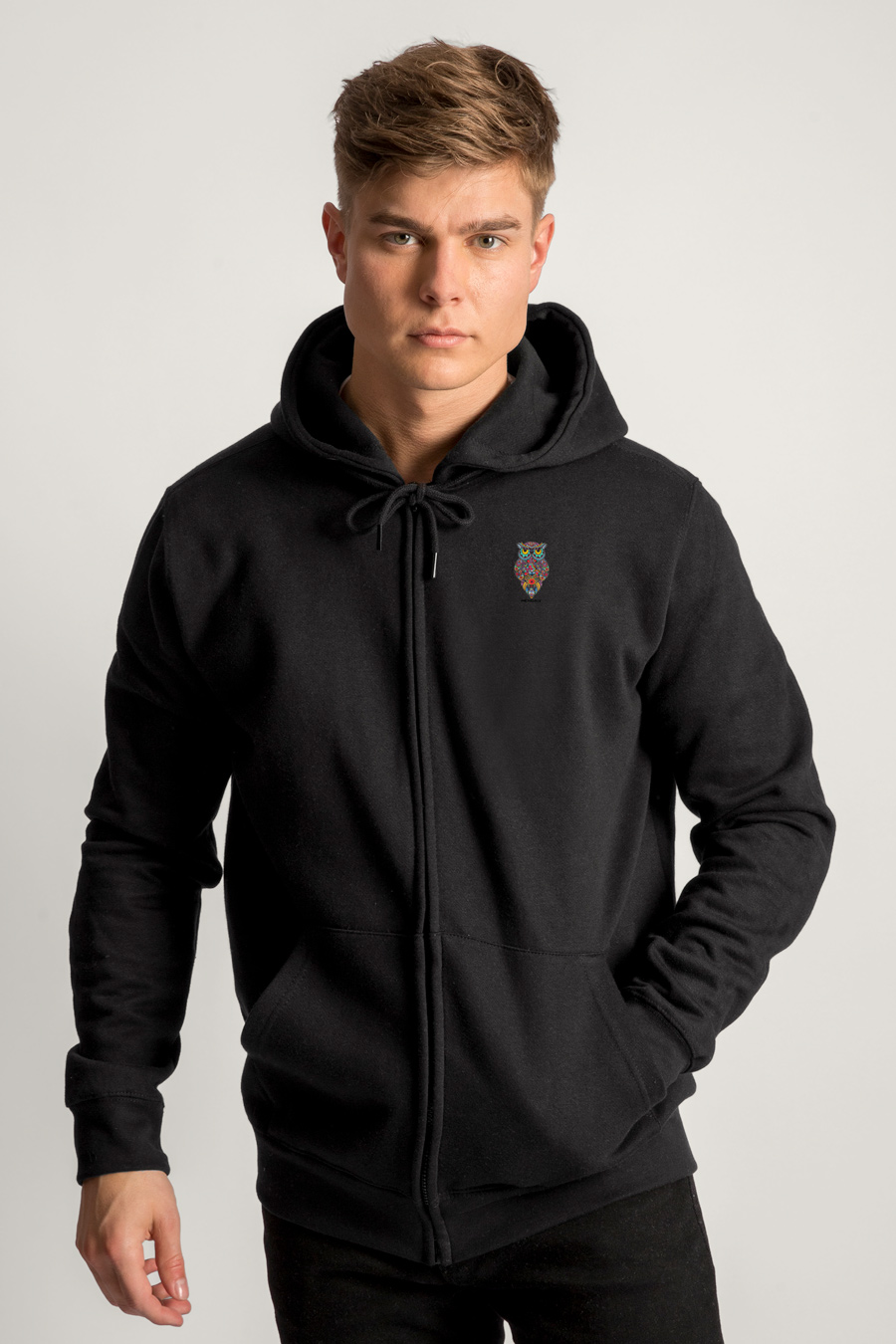 Levně Mikina s Kapucí na Zip, Barva Černá, s Potiskem Zengaya Owl