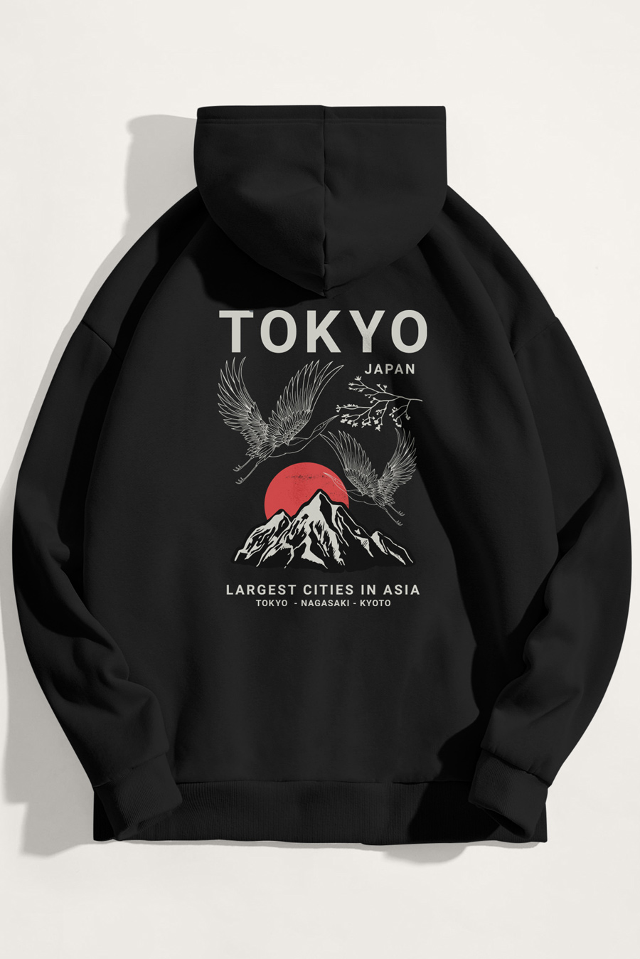 Levně Mikina s Kapucí, Barva Černá, s Potiskem Japanese Sunset