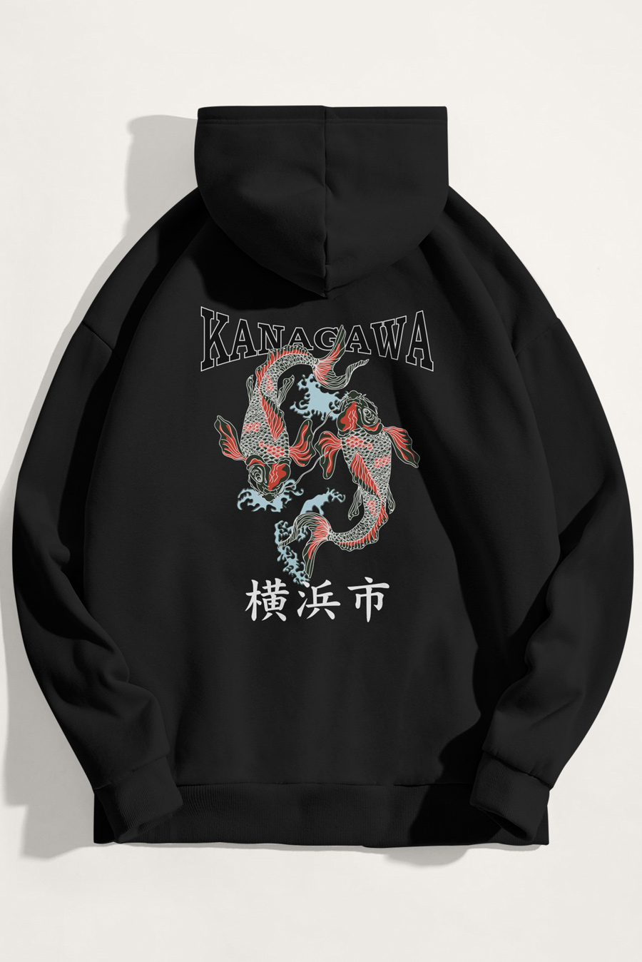 Levně Mikina s Kapucí, Barva Černá, s Potiskem Kanagawa