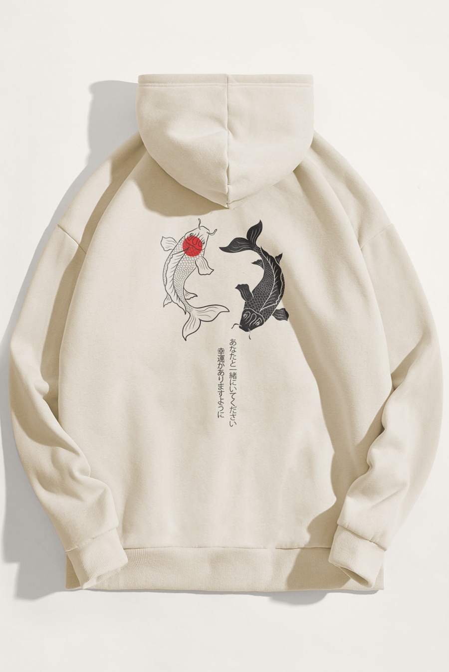 Levně Mikina s Kapucí, Barva Ekru, s Potiskem Yin Yang Koi Fish