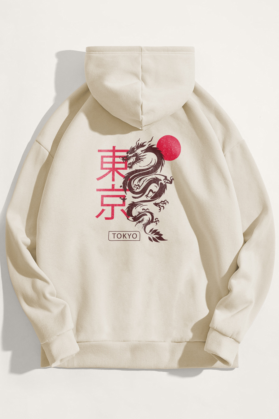 Levně Mikina s Kapucí, Barva Ekru, s Potiskem Tokyo Rising Dragon