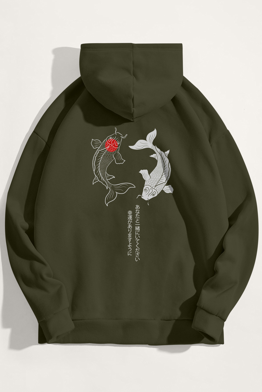 Levně Mikina s Kapucí, Barva Khaki, s Potiskem Yin Yang Koi Fish