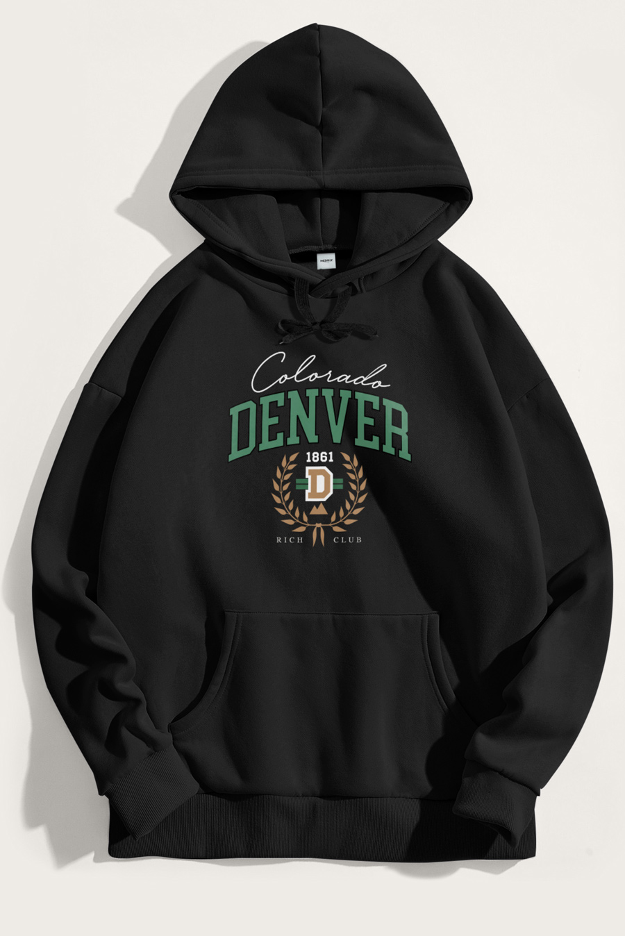 Levně Mikina s Kapucí, Barva Černá, s Potiskem Denver Rich Club