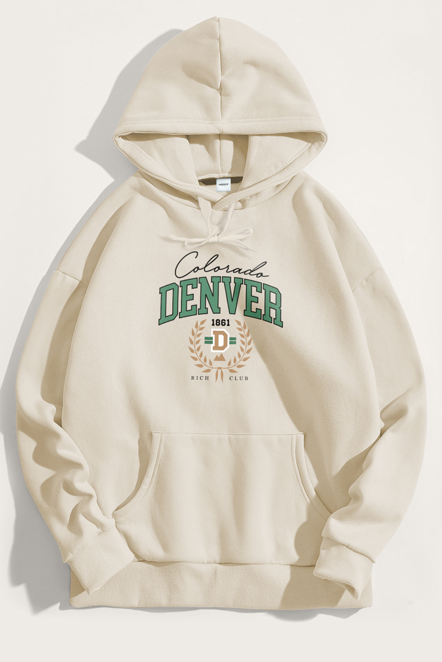 Levně Mikina s Kapucí, Barva Ekru, s Potiskem Denver Rich Club