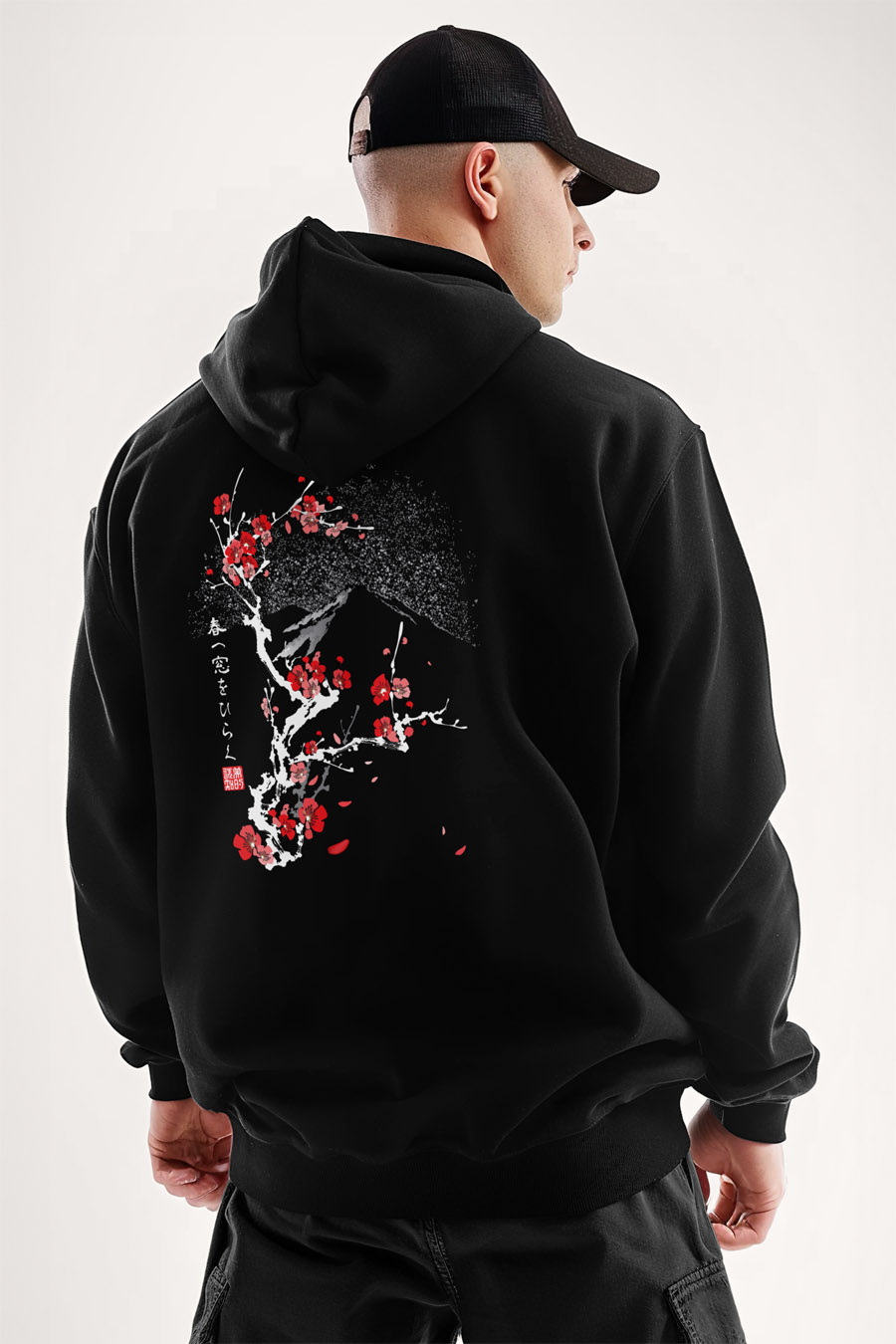 Mikina s Kapucí na Zip, Barva Černá, s Potiskem Sakura