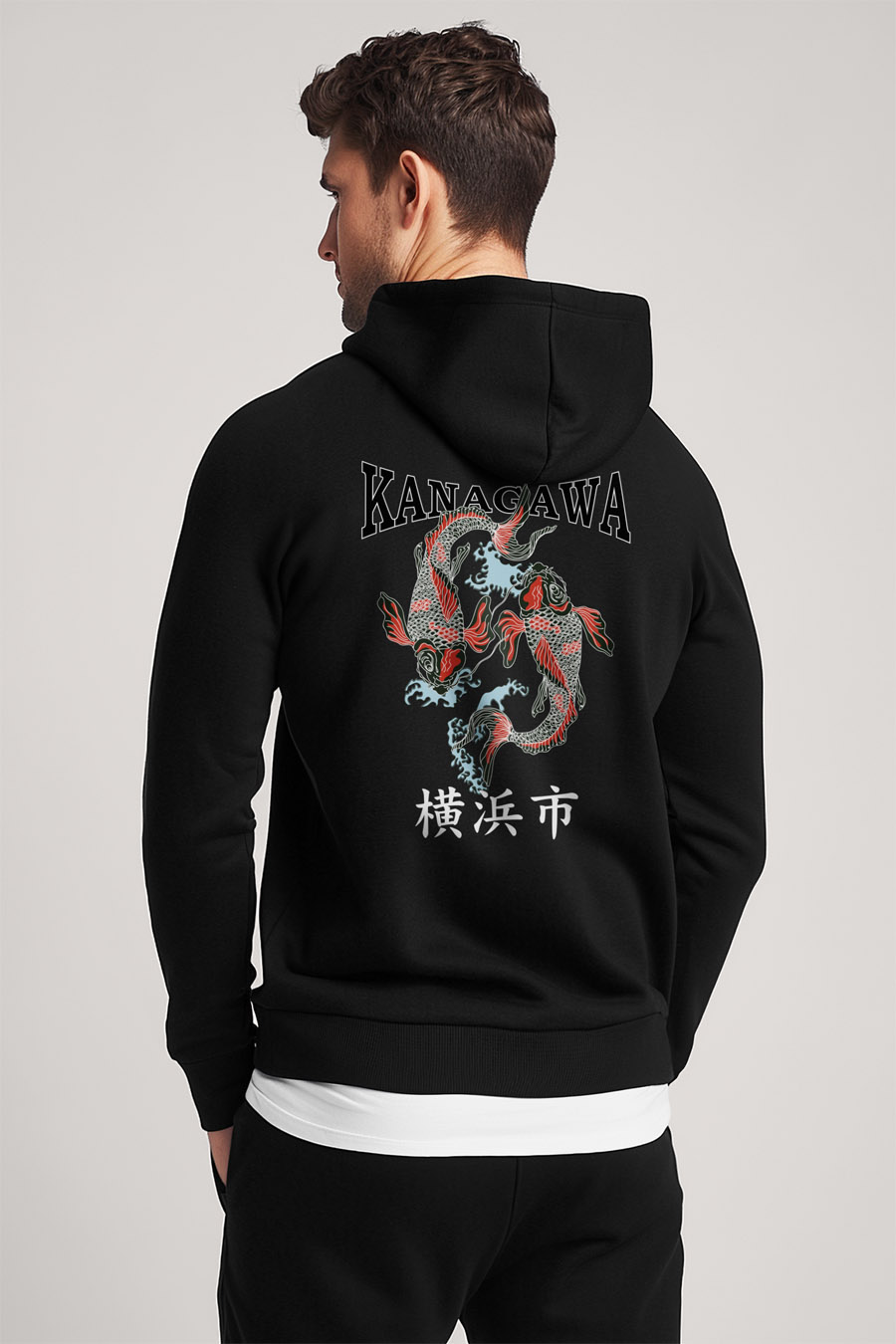 Mikina s Kapucí na Zip, Barva Černá, s Potiskem Kanagawa