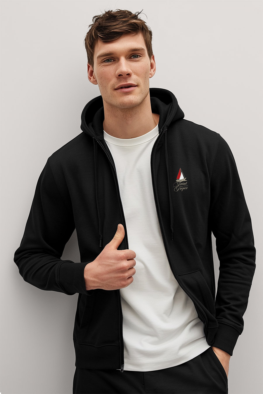 Levně Mikina s Kapucí na Zip, Barva Černá, s Potiskem Minimal Saint Tropez Sailing