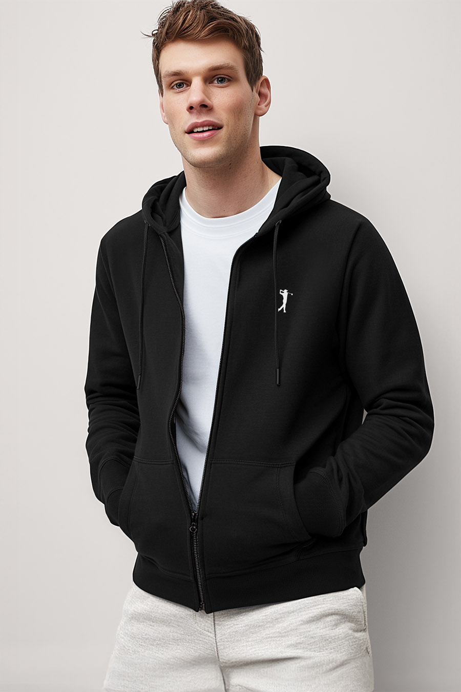 Levně Mikina s Kapucí na Zip, Barva Černá, s Potiskem Golf Swing Logo
