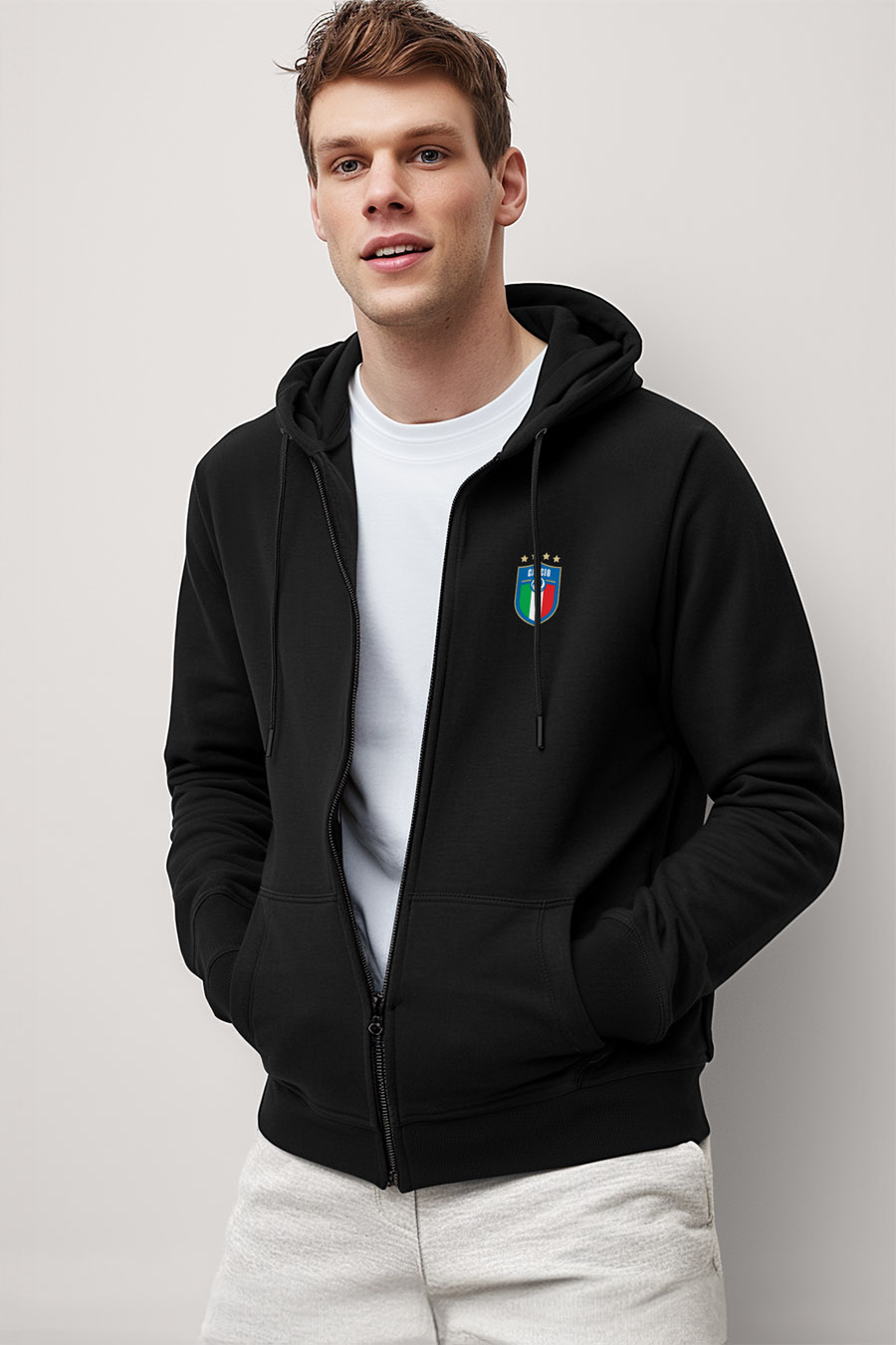 Levně Mikina s Kapucí na Zip, Barva Černá, s Potiskem Calcio