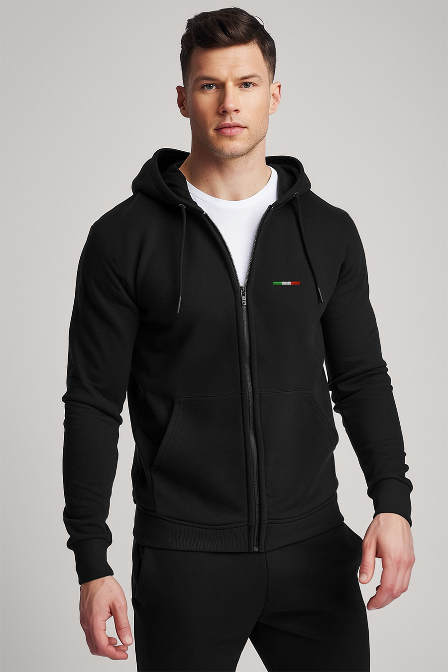 Levně Mikina s Kapucí na Zip, Barva Černá, s Potiskem Italian Stripe Centered