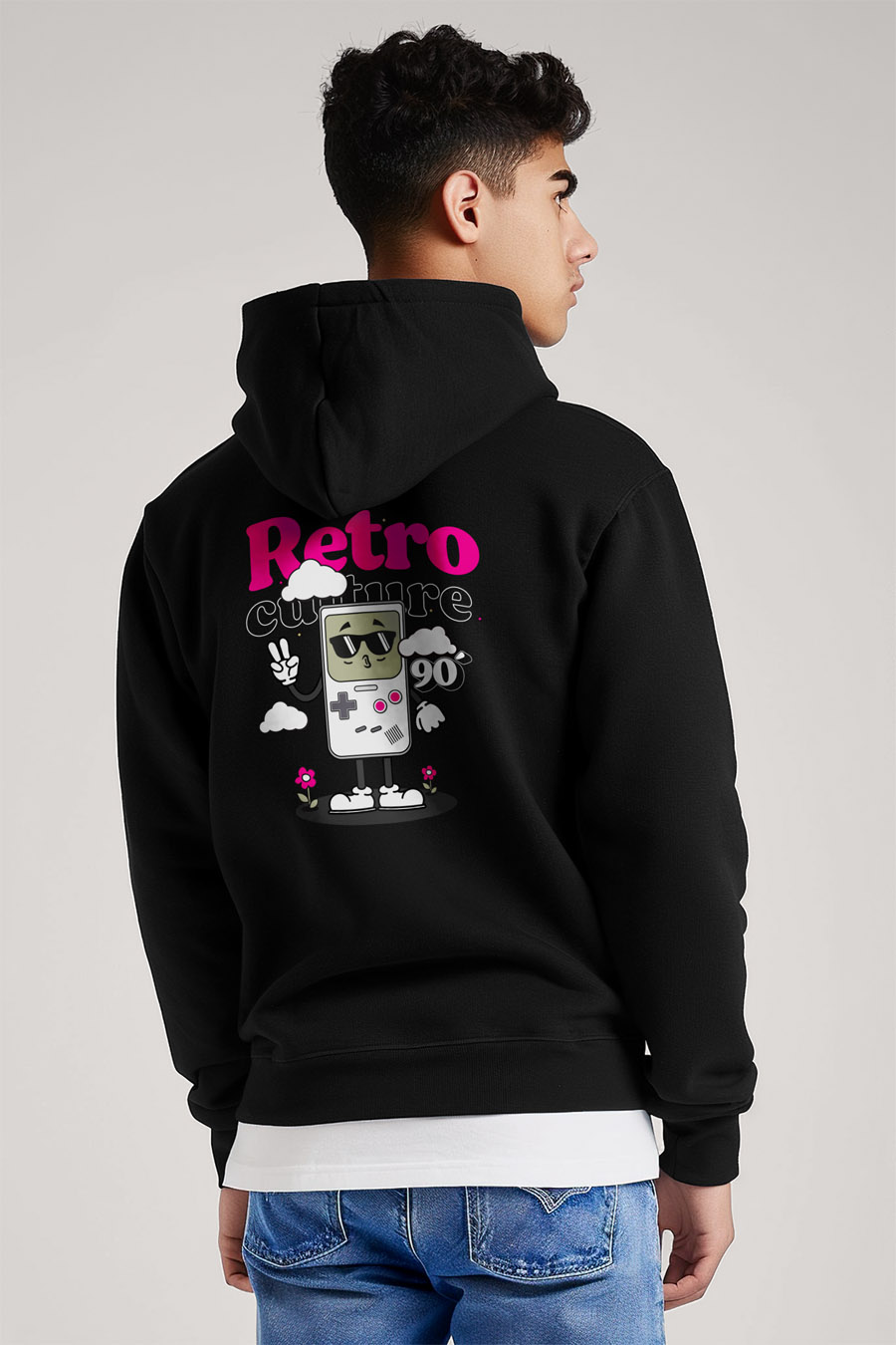 Mikina s Kapucí na Zip, Barva Černá, s Potiskem 90s Retro Culture