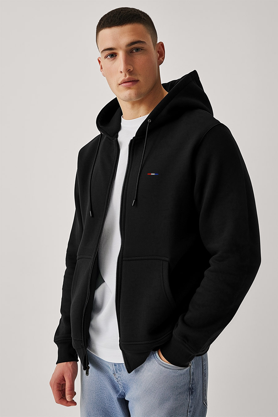 Levně Mikina s Kapucí na Zip, Barva Černá, s Potiskem French Stripe