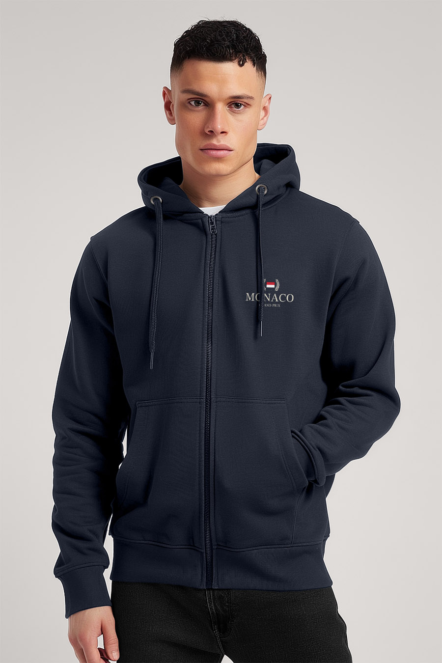 Levně Mikina s Kapucí na Zip, Barva Modrá, s Potiskem Monaco Grand Prix