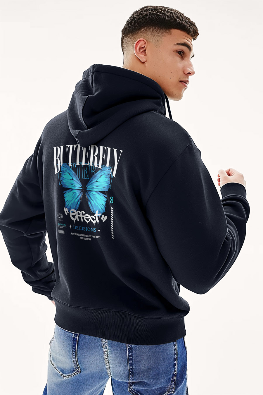 Mikina s Kapucí na Zip, Barva Modrá, s Potiskem Butterfly Effect
