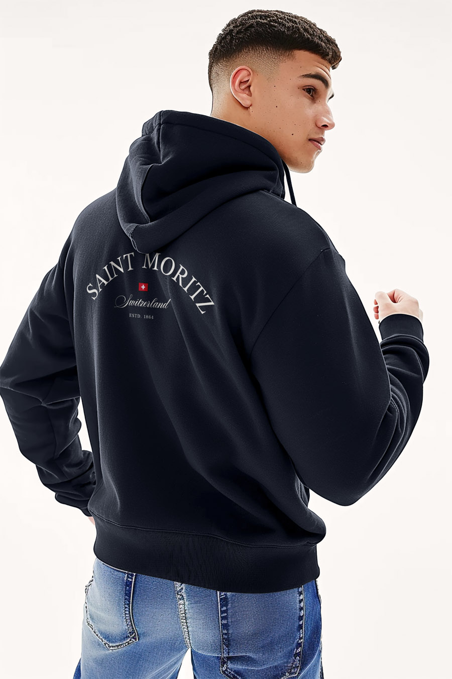 Mikina s Kapucí na Zip, Barva Modrá, s Potiskem Saint Moritz