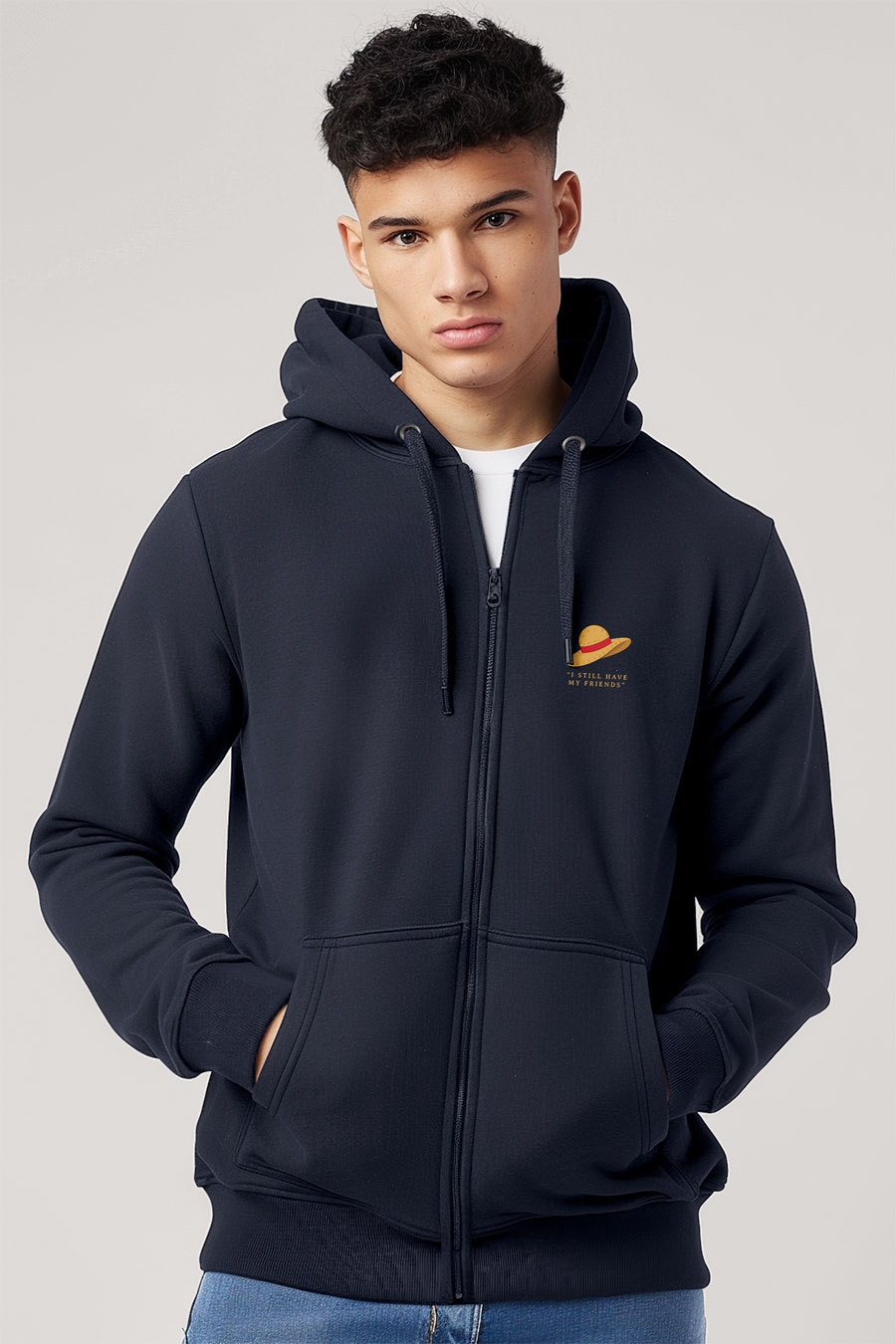 Levně Mikina s Kapucí na Zip, Barva Modrá, s Potiskem Wide Brim Hat