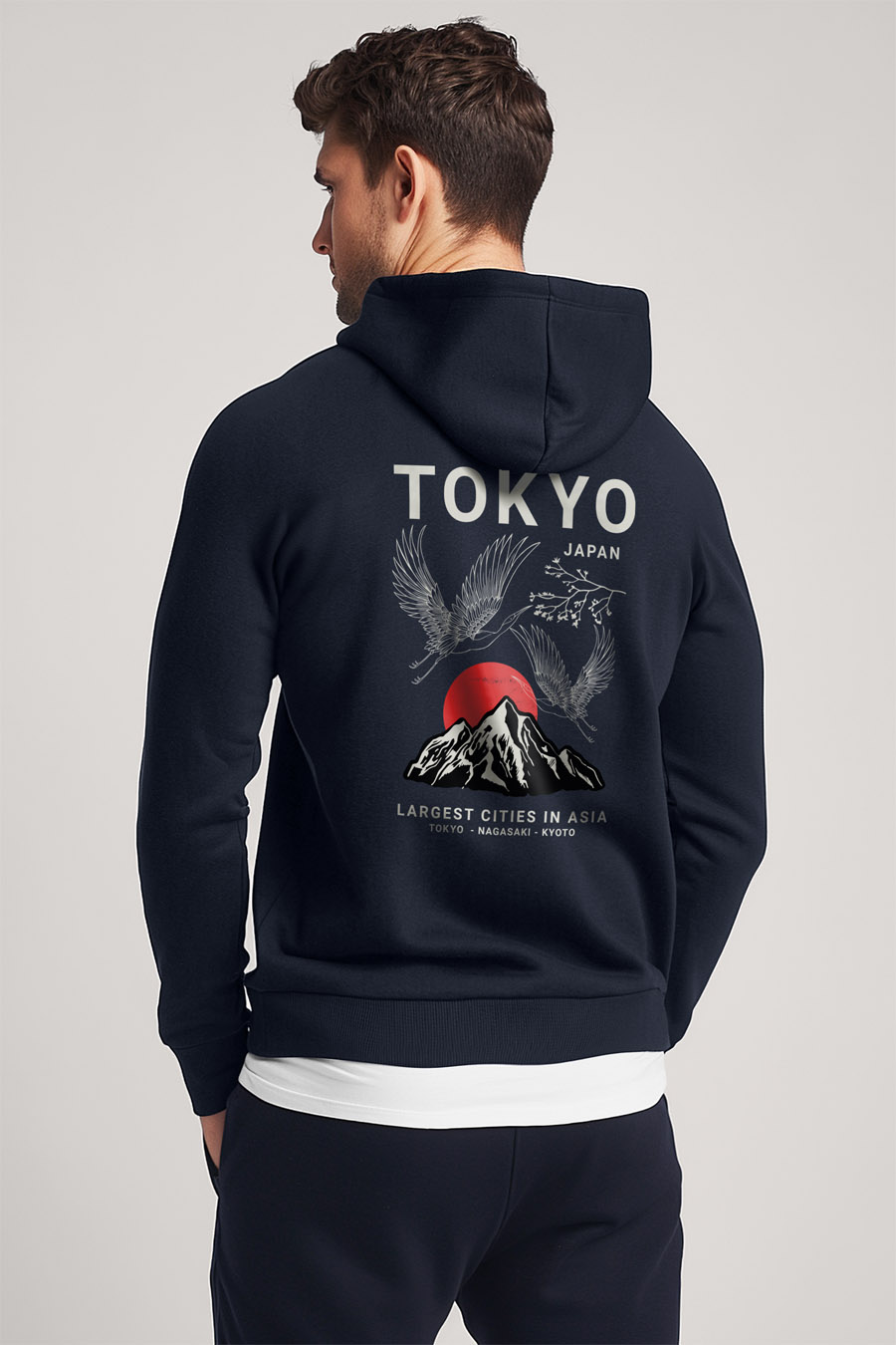 Mikina s Kapucí na Zip, Barva Modrá, s Potiskem Japanese Sunset