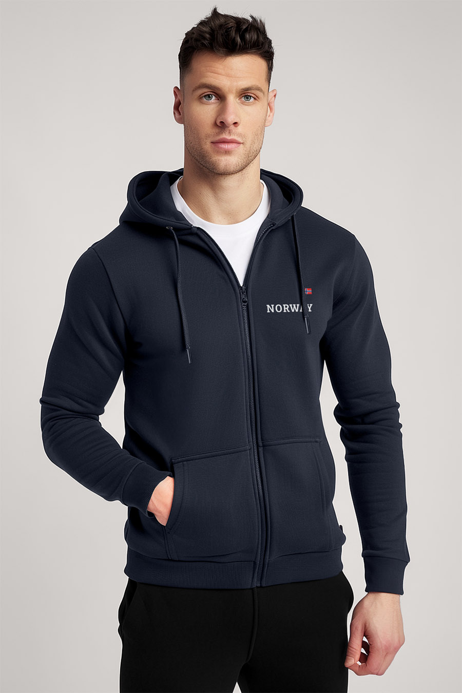 Levně Mikina s Kapucí na Zip, Barva Modrá, s Potiskem Norway