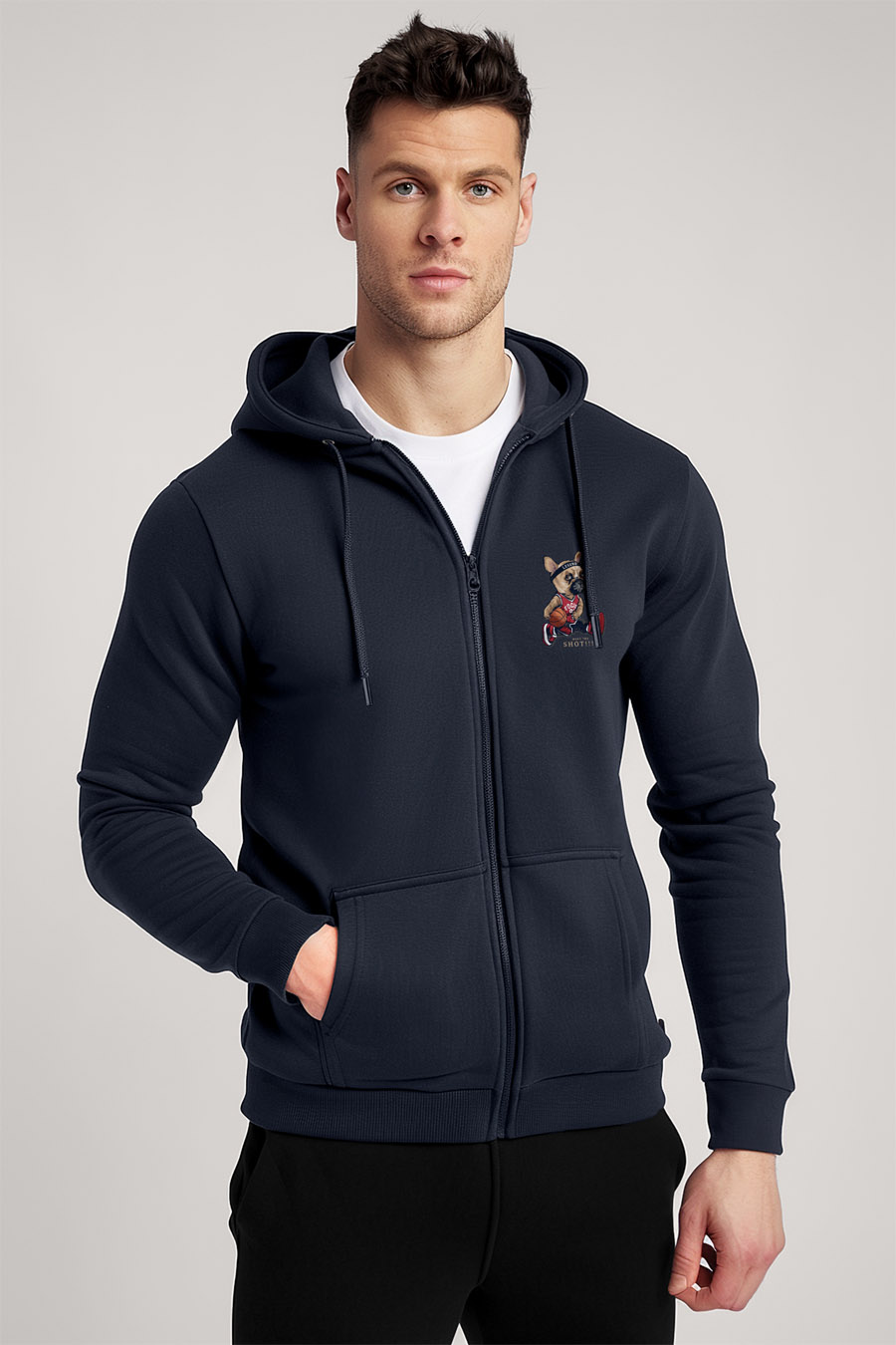 Levně Mikina s Kapucí na Zip, Barva Modrá, s Potiskem Shot Maker Teddy