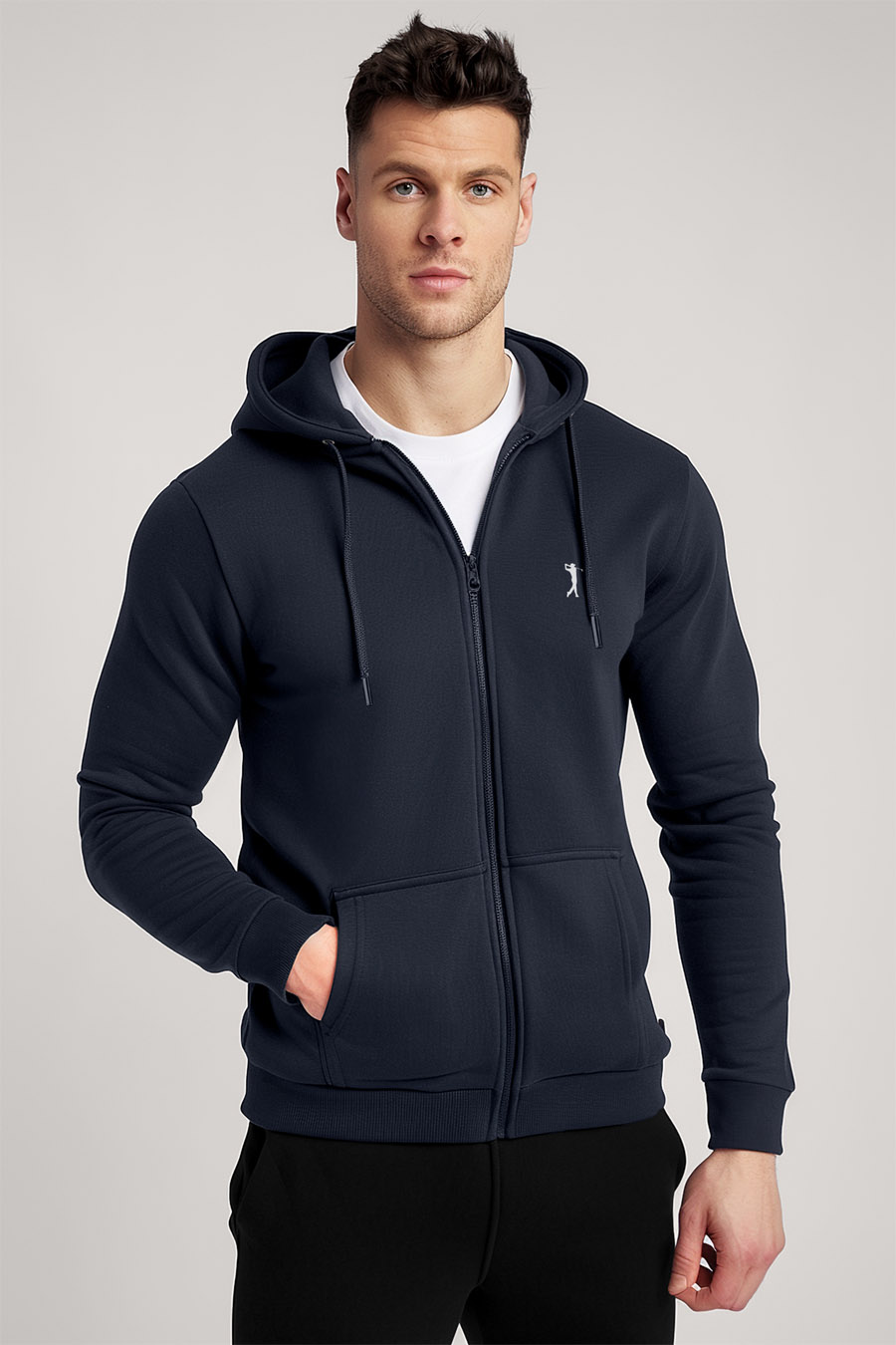 Levně Mikina s Kapucí na Zip, Barva Modrá, s Potiskem Golf Swing Logo