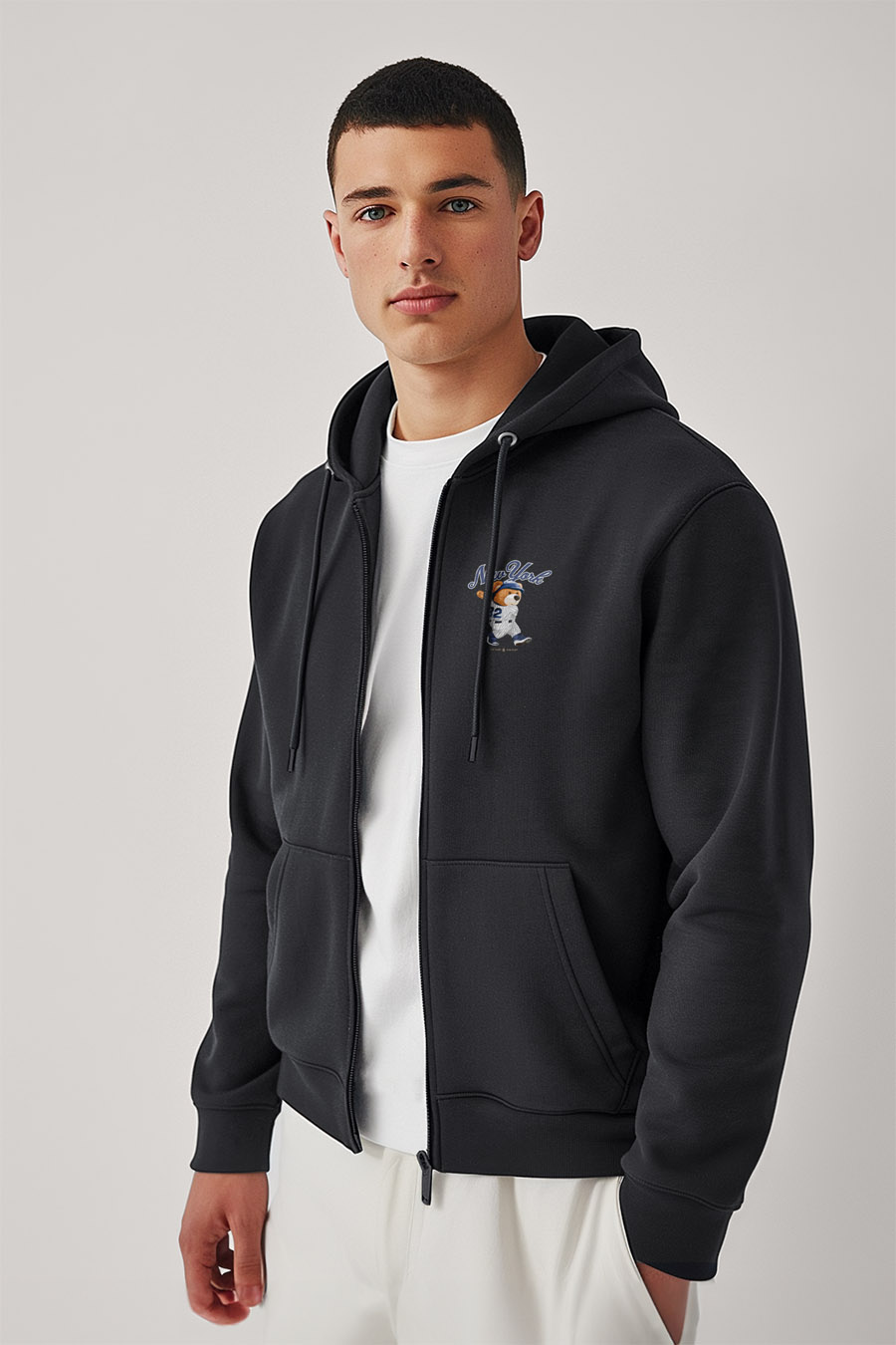 Levně Mikina s Kapucí na Zip, Barva Železitě Šedá, s Potiskem Baseball Teddy