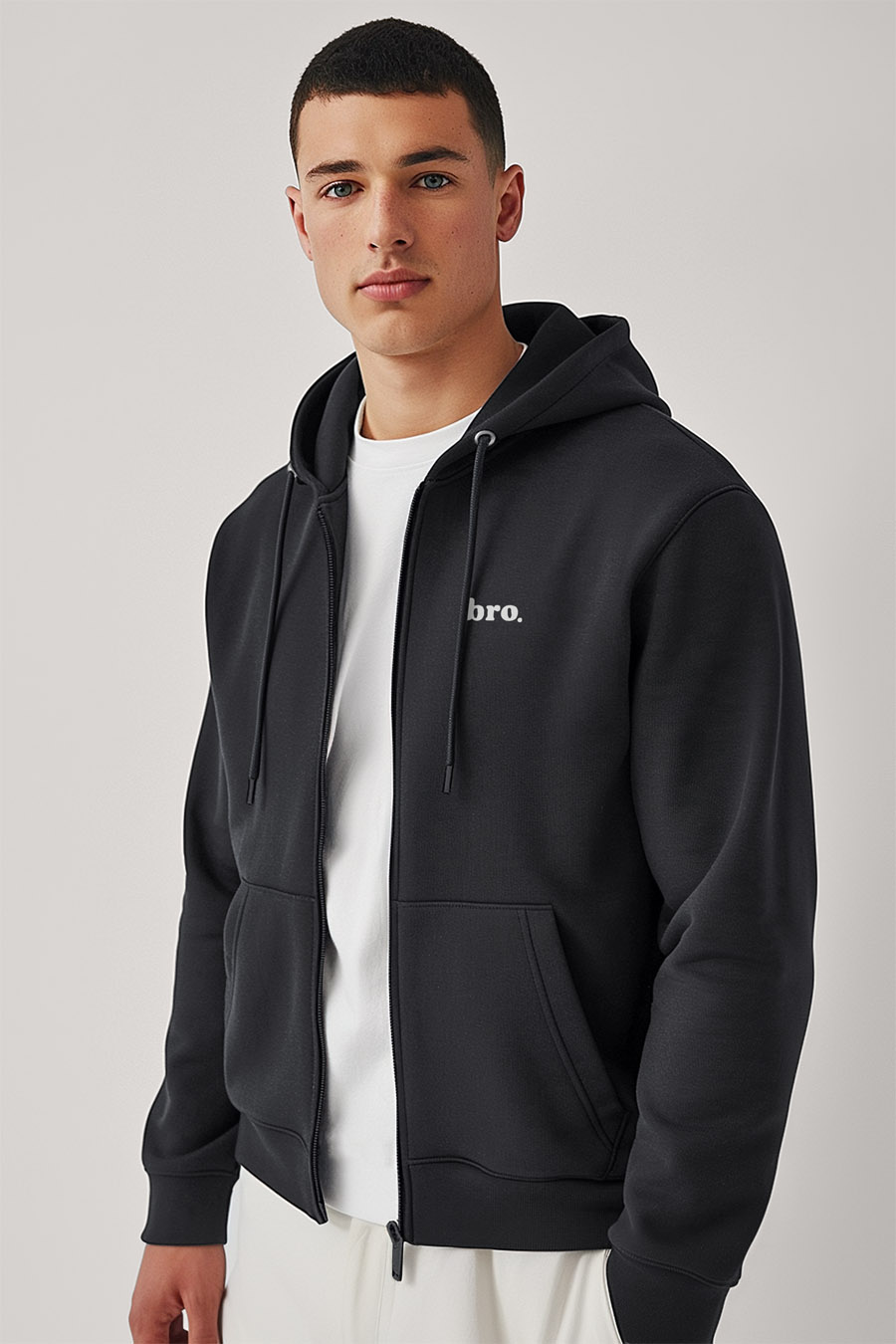 Levně Mikina s Kapucí na Zip, Barva Železitě Šedá, s Potiskem Bro