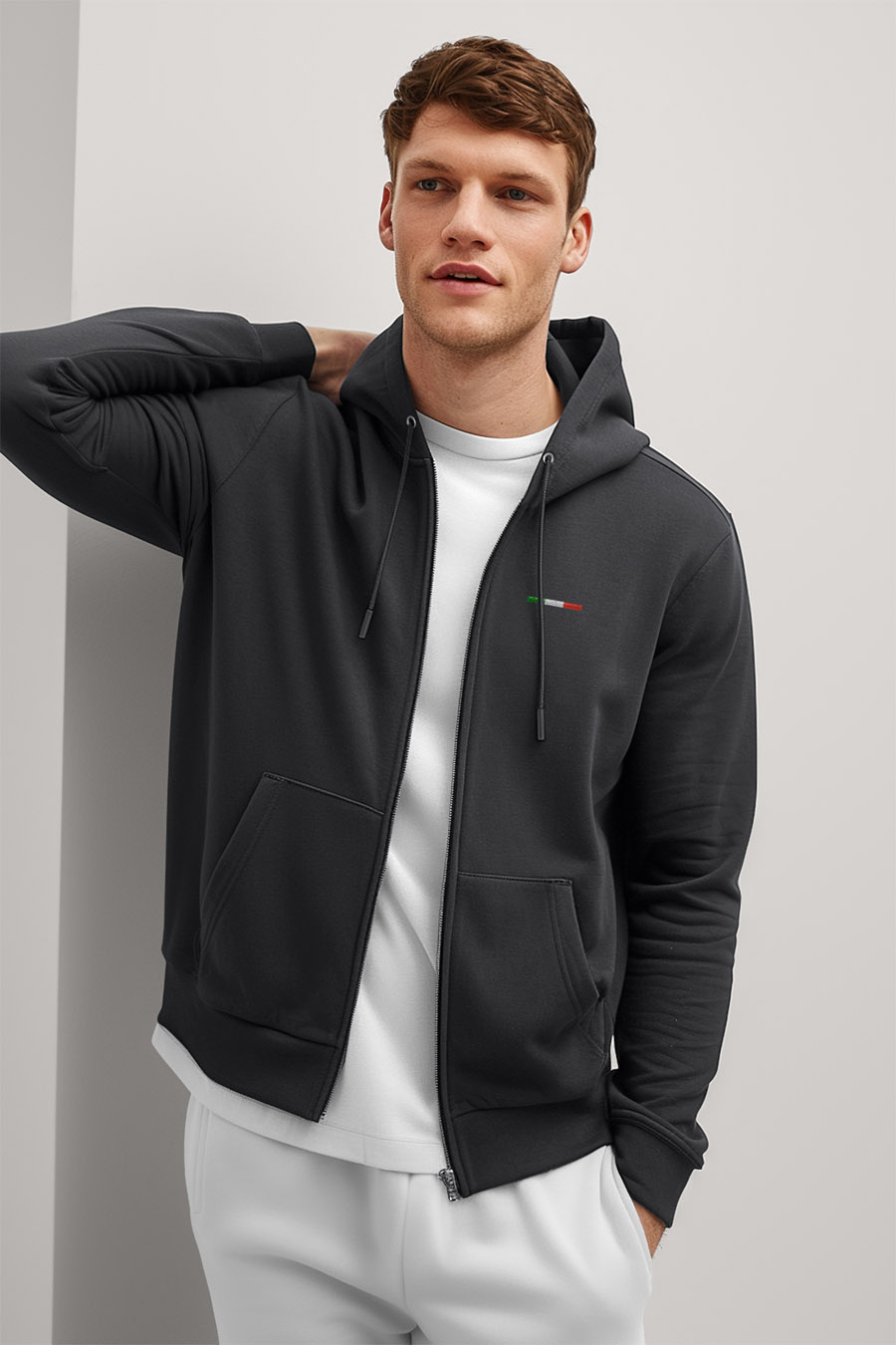 Levně Mikina s Kapucí na Zip, Barva Železitě Šedá, s Potiskem Italian Stripe Centered