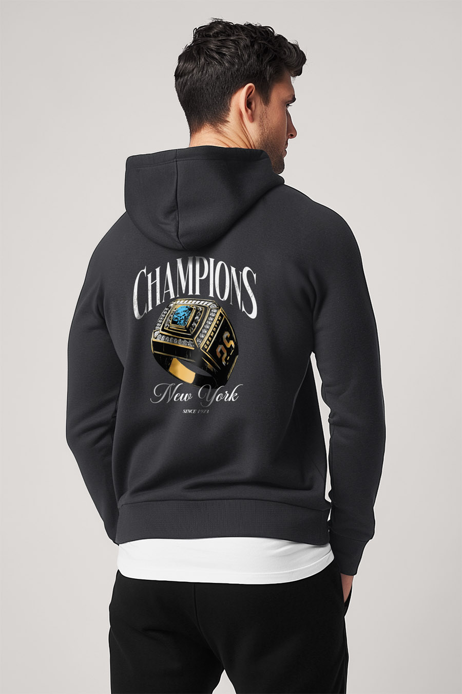 Mikina s Kapucí na Zip, Barva Železitě Šedá, s Potiskem Championship Ring