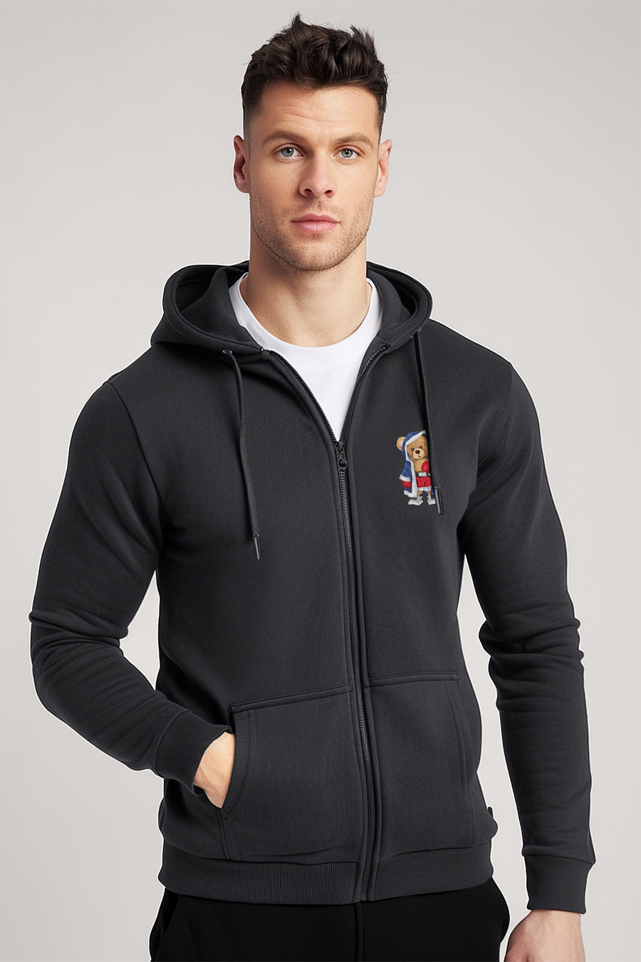 Levně Mikina s Kapucí na Zip, Barva Železitě Šedá, s Potiskem Stay Real Teddy