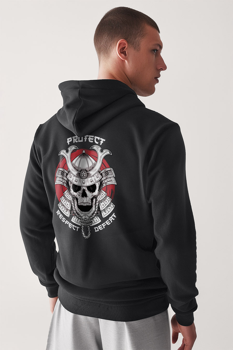 Mikina s Kapucí na Zip, Barva Železitě Šedá, s Potiskem Samurai Warrior