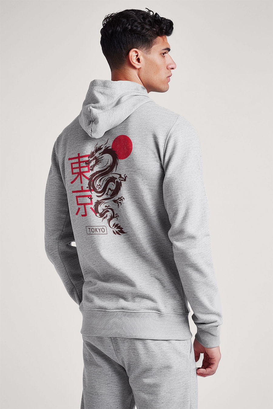 Mikina s Kapucí na Zip, Barva Šedá, s Potiskem Tokyo Rising Dragon