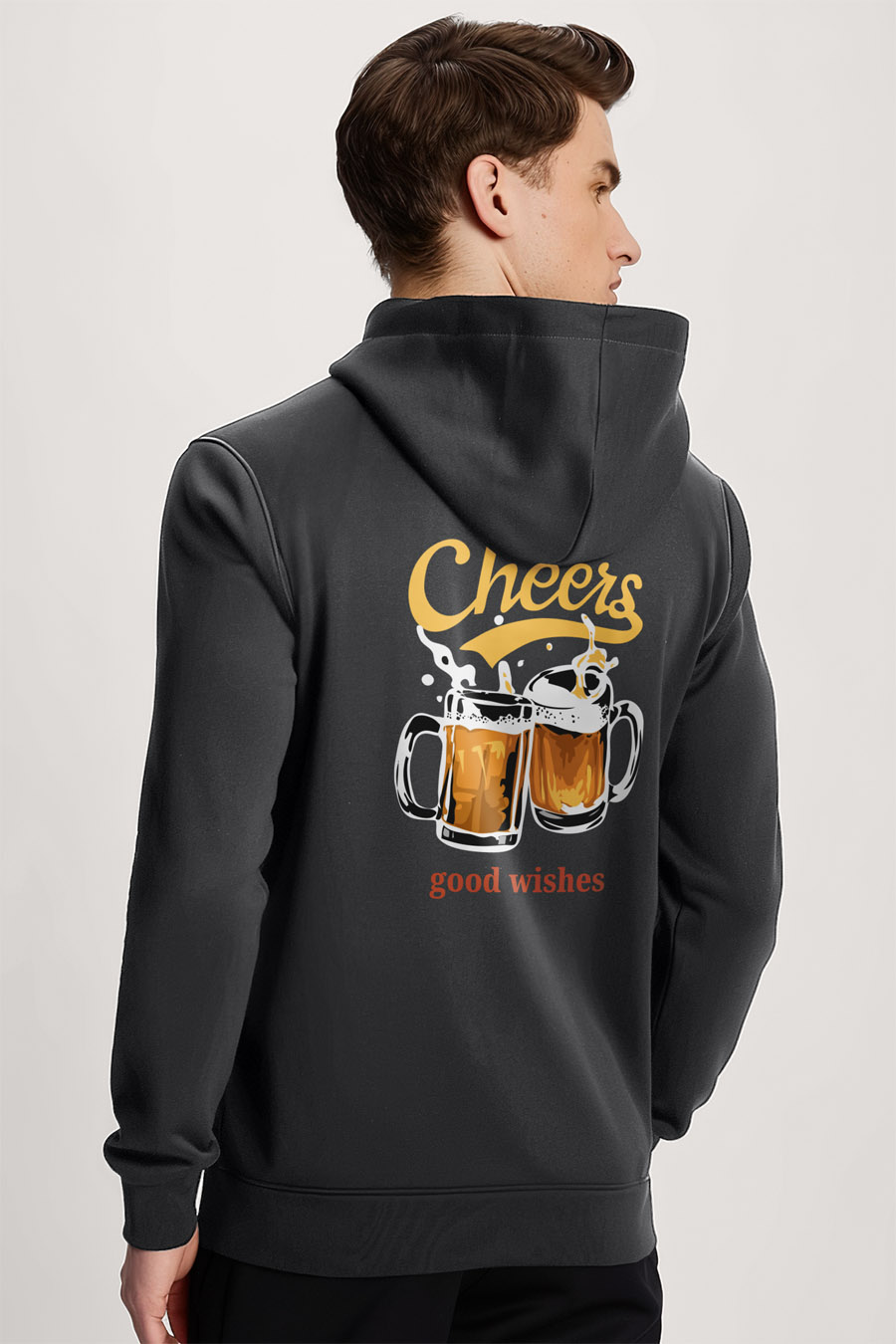Mikina s Kapucí na Zip, Barva Železitě Šedá, s Potiskem Cheers